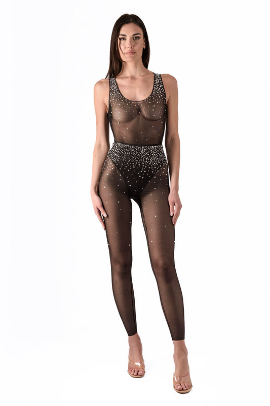 Body canotta con strass Swarovski e leggings vita alta con strass Swarovski